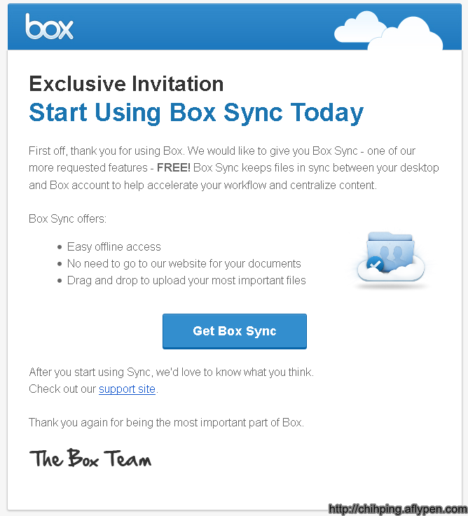 Email通知，Box.net雲端硬碟提供同步工具