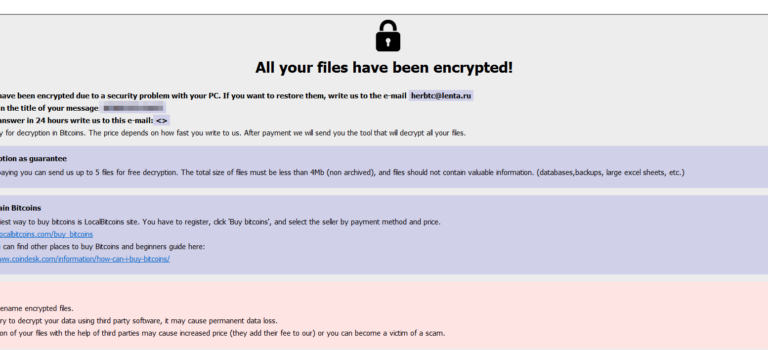 All your files have been encrypted! All your files have been encrypted due to a security problem with your PC. If you want to restore them, write us to the e-mail herbtc@lenta.ru Write this ID in the title of your message XXXXXXXX-XXXX In case of no answer in 24 hours write us to this e-mail: